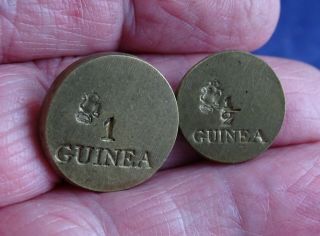 Rare Pair Antique Georgian Brass 1 & 1/2 Guinea Coin Weights Withers 2118 (a,  B)