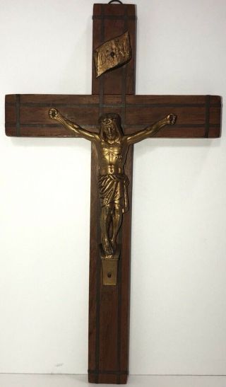 Vintage Wood Crucifix With Jesus In Bronze - Made In France - 10 "