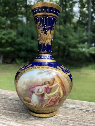 Small Royal Vienna Portrait Cabinet Vase - Hand Painted Mione Beehive Mark 6”h
