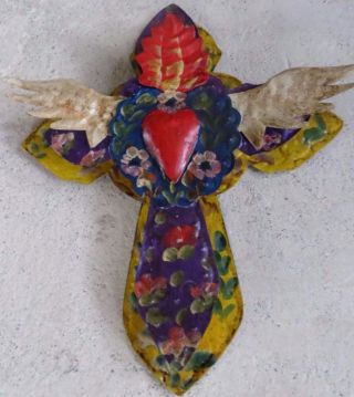 11 " Mexican Folk Art Punched Tin Painted Wall Cross Flame Heart Wing Blue