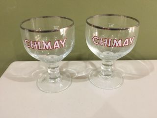 2 Chimay Belgium Beer Goblet Almost 6 " Stemmed Beer Glass White / Red Logo