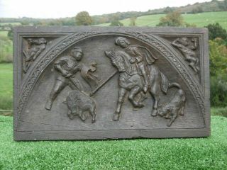 19thc Gothic Wooden Oak Carved Panel With Boar Hunting Scene