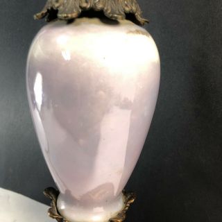 Small Antique Gilt Bronze Iron Lamp w/ Lavender Glazed Porcelain 19” 2