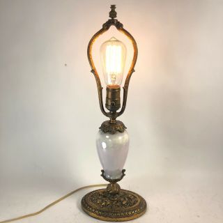 Small Antique Gilt Bronze Iron Lamp w/ Lavender Glazed Porcelain 19” 3