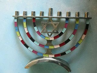 Metal Enameled Jewish Menorah 9 Candle Holder With Star Of David