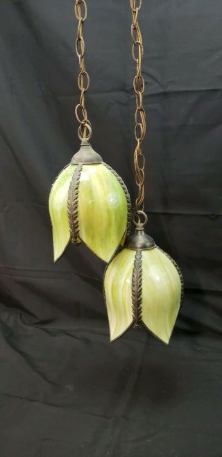 Vintage Mid Century Green Slag Glass Tulip Hanging Ceiling Lights Lamps