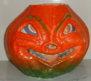 Evil Face Antique/vintage 7 " Paper Mache Halloween Jack - O - Lantern/pumpkin/green