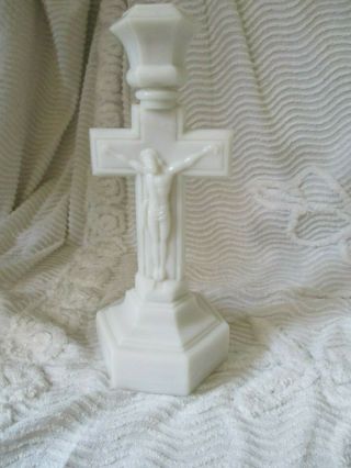 Vintage 11 " White Milk Glass Jesus Crucifix Candle Holder Religious Votive