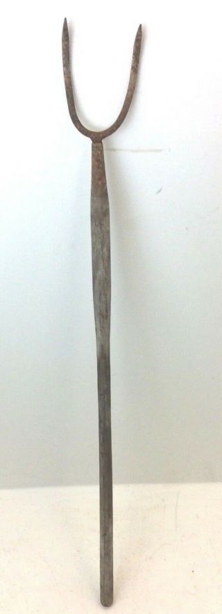 Vintage Wood Handle Iron Metal Two Prong Hay Fork Hand Tool Old