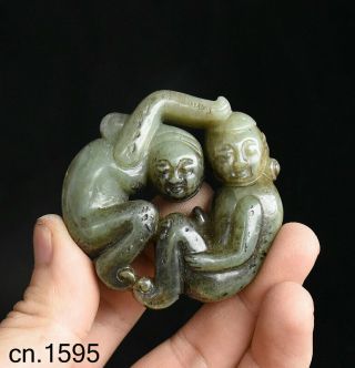 Old Chinese Jade Stone Carved Pornography Men And Women Make Love Statue Pendant