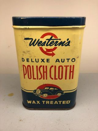 Rare Vintage Westerns Supply Auto Wax Treated Polishing Dust Cloth Tin Gas Oil