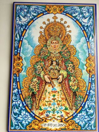 Hand Painted Ntra.  Sra.  Del Rocio " Tile Spanish Ceramic 8 " X 12 "