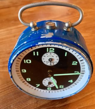 Vintage Wehrle Polo Blue Mid Century Alarm Clock - - Made in Germany 2