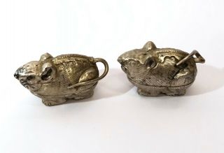 Vintage Signed Cambodian 900 Sterling Silver Figural Rat Mouse Betel Nut Boxes