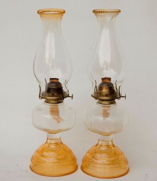 Pair (2) Vintage P&a Risdon Eagle Yellow Glass Oil Kerosene Lamps & Match Shades