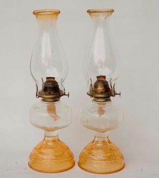 PAIR (2) Vintage P&A Risdon Eagle Yellow Glass Oil Kerosene Lamps & Match Shades 2