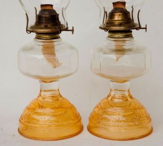 PAIR (2) Vintage P&A Risdon Eagle Yellow Glass Oil Kerosene Lamps & Match Shades 3