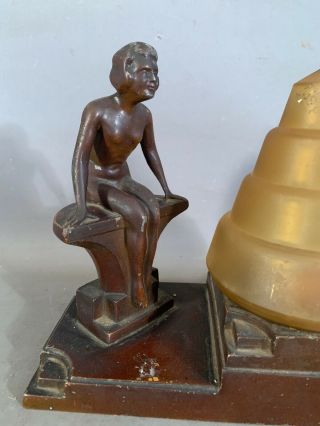 Antique ART DECO Era BRONZED Spelter NUDE LADY STATUE Old BOUDOIR LAMP Sculpture 2