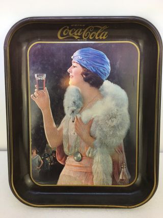 Vintage Coca Cola Coke Metal Tray With Pink Lady Blue Hat Flapper Girl
