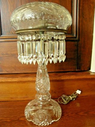 Gorgeous Vintage Large Cut Glass Crystal Mushroom Shade Lamp With Prisms