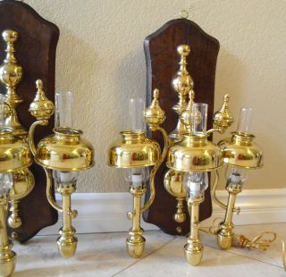 Set of 2 Vintage Wall Sconces w/3 Arm Brass Wood base Oil lamp style Mid Century 3