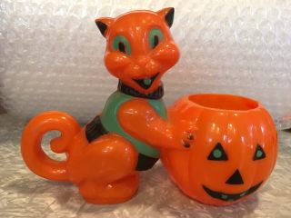 Vintage Rosbro Halloween Hard Plastic Cat Jack - O - Lantern Candy Container –nice