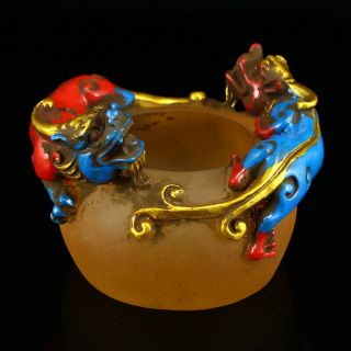 Vintage Chinese Gilt Gold Peking Glass Double Dragon Brush Washer