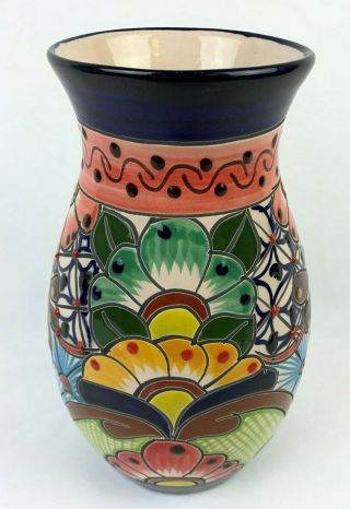 9.  5 " Vase Floral Mexican Talavera Ceramic Pottery Hand Crafted Cobalt Blue