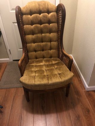Mid - Century Vintage Gold Velvet Tufted Cane Wingback Chair