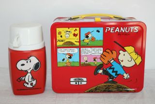 Vintage Peanuts By Schultz Charlie Brown Red Metal Lunch Box Thermos 1965