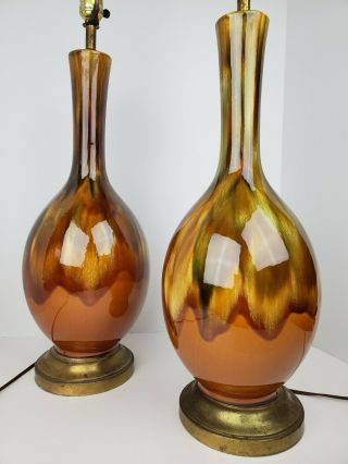 (2) Vintage Mid Century Modern Brown Green Drip Glaze Ceramic Table Lamps