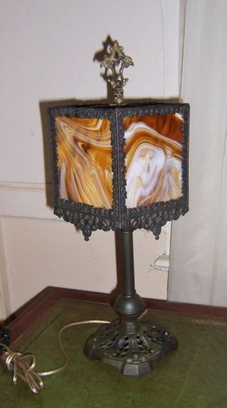 Antique Caramel Slag Glass Small Panel Table Lamp 5 Side 18 Inch Cute