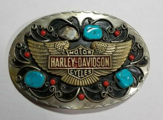 Huge 6 X 4 " Vintage Harley Davidson Silver Plated Turquoise & Coral Belt Buckle