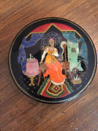 Vintage Russian Lacquer Miniature Painting Round Box,  Signed By Artist