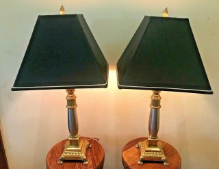 Vtg Pair Stiffel Brass & Polished Silver Table Lamps W/black Faux Leather Shades