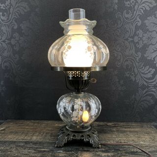 Hurricane Table Lamp Vintage Clear Glass White Floral Bronze 16” Gone With Wind