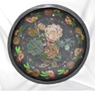 Vintage Mexican Batea Bowl Folk Art Flower Bouquet Wood Toleware Hand Painted
