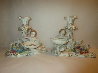 Antique German Dresden Cherub Candle Holder Figurines - Carl Thieme - Potschappel
