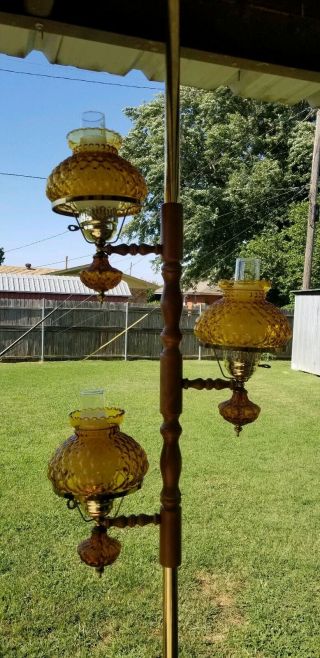 Vintage Floor To Ceiling Tension Pole 3 Light Lamp Amber W/ Hurricane Glass