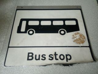 Small Vintage Enamel - Bus Stop - Sign - 12 X 10 1 /2 Inch - Double Sided