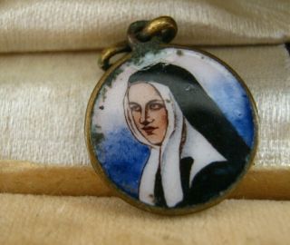Antique French Tiny Enamel Medal Pendant Charm Of St Bernadette