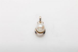 Vintage 1950s 7mm Cultured Pearl Diamond 14k White Gold Charm Pendant