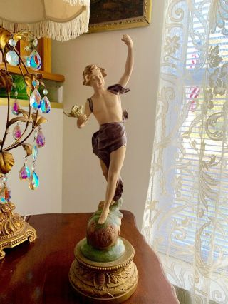 Antique Art Nouveau Hand Painted Metal Boy And Bird Figurine Statue