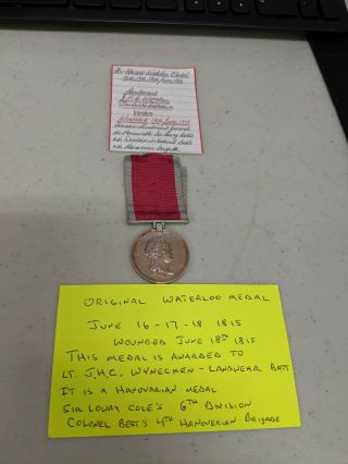 Hanover Waterloo Medal Named To Lt J.  H.  C.  Wynecken Wounded 18 June 1815 Rare See