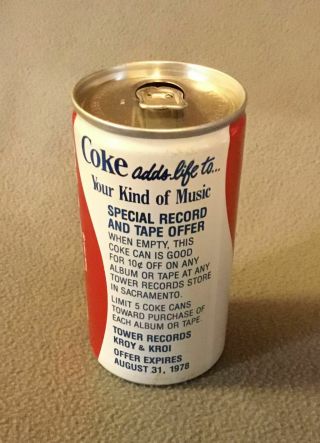 Vintage Coca - Cola Can With Tower Records Sacramento,  Ca Discount Offer - 1978