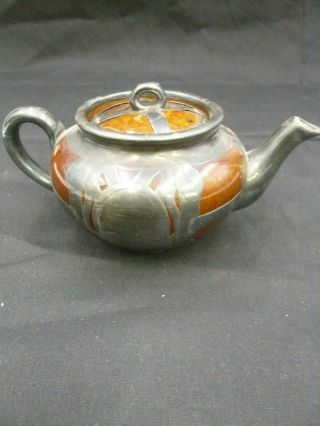 Art Nouveau Antique Single Cup Sterling Silver Overlay Glazed Pottery Teapot