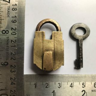 An Old Solid Brass Small Or Miniature Padlock Lock With Key Rich Patina