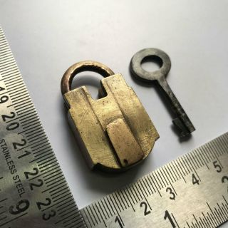 An old solid brass small or miniature padlock lock with key rich patina 2
