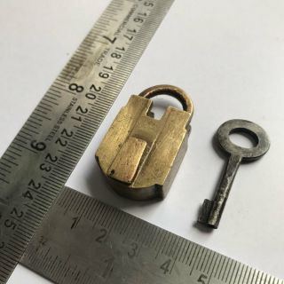 An old solid brass small or miniature padlock lock with key rich patina 3