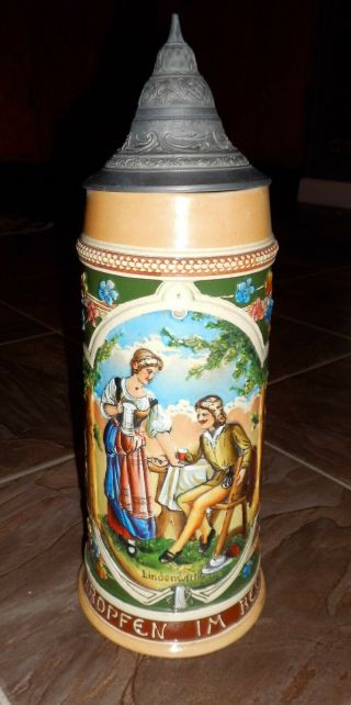 Vintage Traditional Ornate German Beer Stein Pewter Lid Lindenwirtin Gk Bar Maid